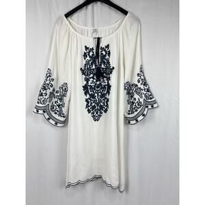 Chic Connection Boho Peasant Dress Tassel Tie White Blue Embroidery Size L